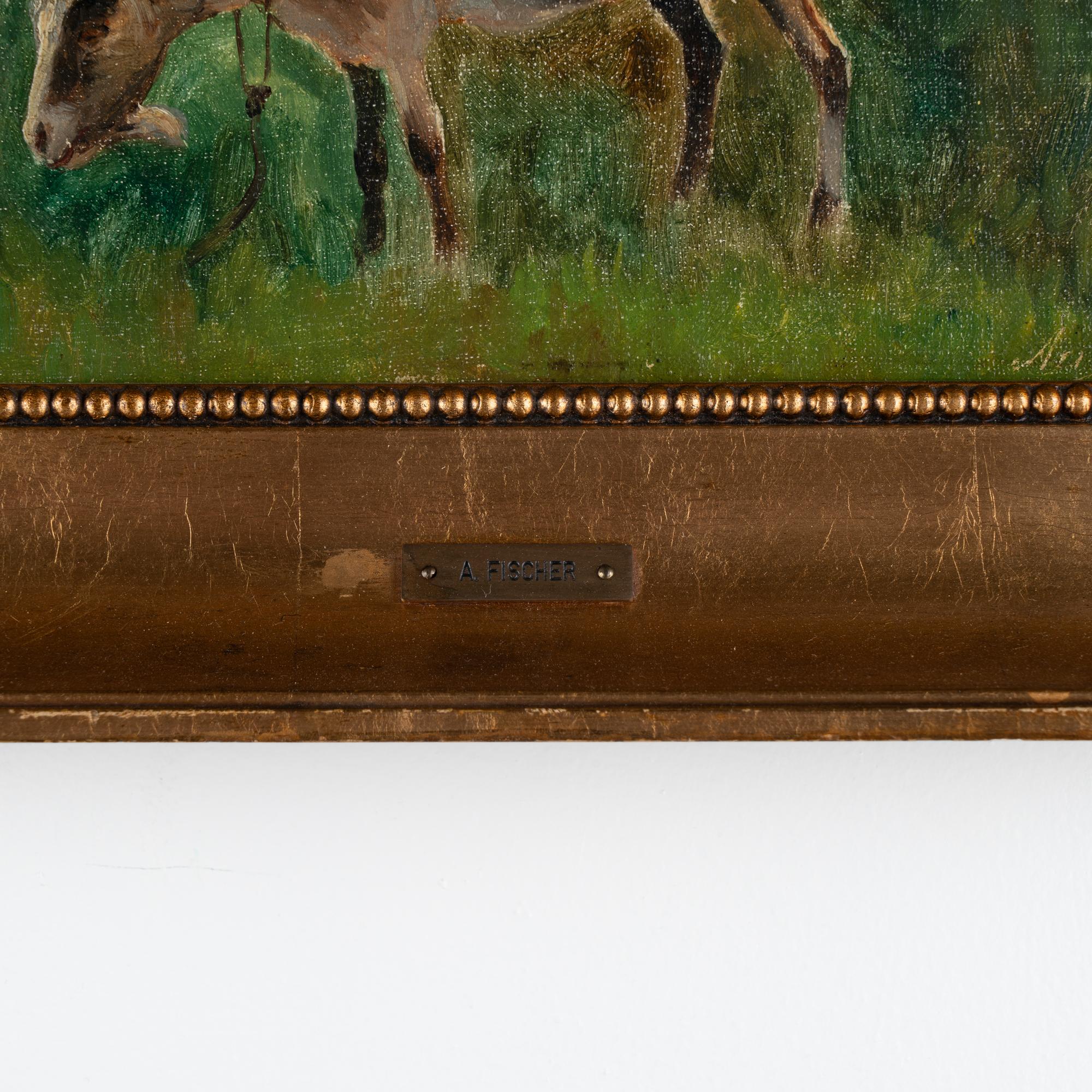 Peinture originale à l'huile sur toile représentant une chèvre Grazant, signée par August Fischer en vente 5