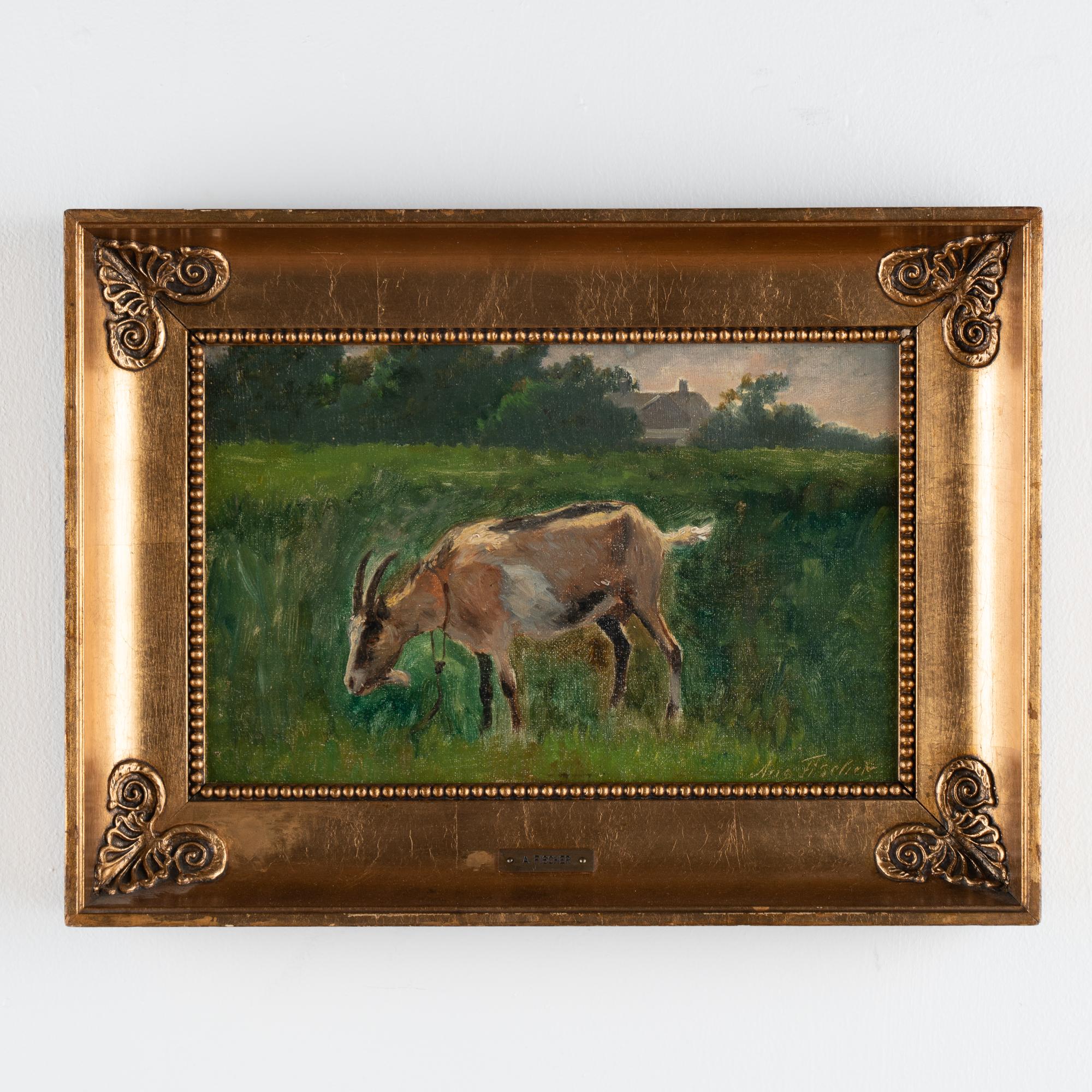 Original oil on canvas small painting of goat grazing in open field, signed.
Canvas is in good condition reflective of age.
Johannes August Fischer was a Danish landscape painter, brother of the famous Paul Fischer. In 1874, he made his painting