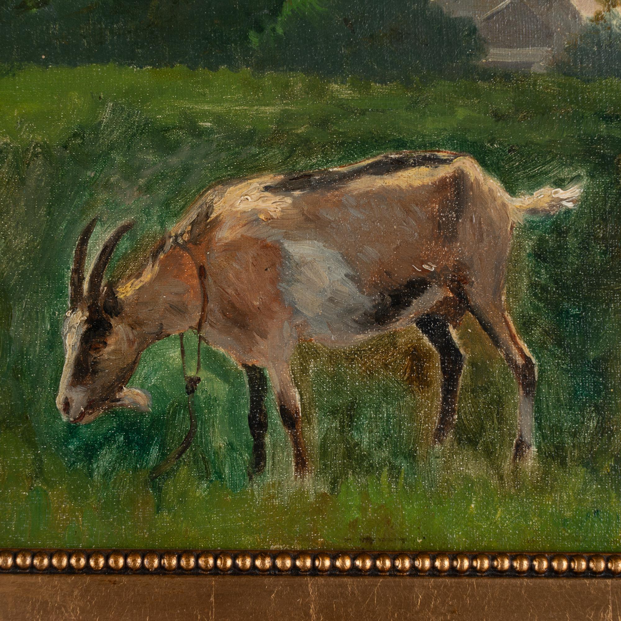 Danois Peinture originale à l'huile sur toile représentant une chèvre Grazant, signée par August Fischer en vente