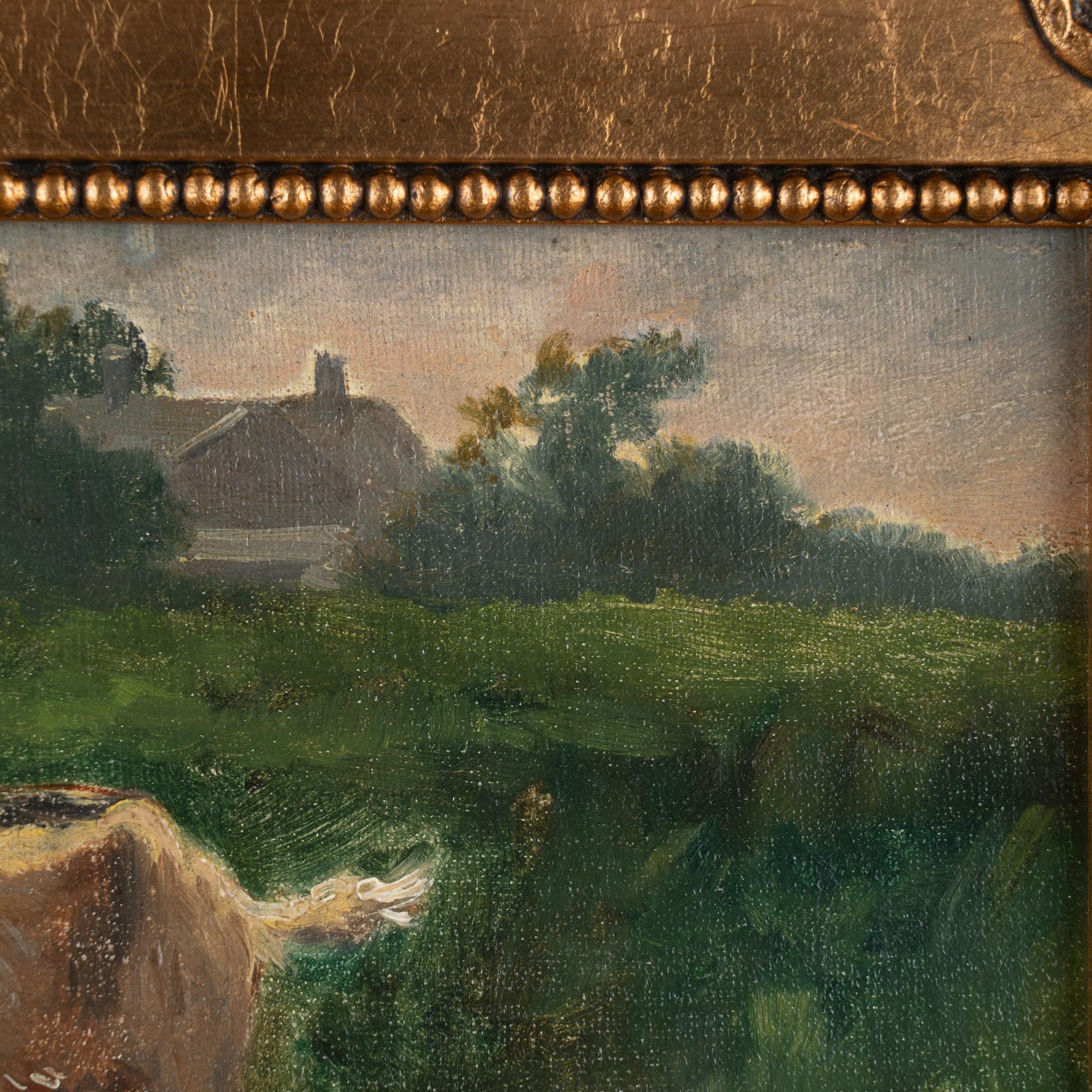 Peinture originale à l'huile sur toile représentant une chèvre Grazant, signée par August Fischer Bon état - En vente à Round Top, TX