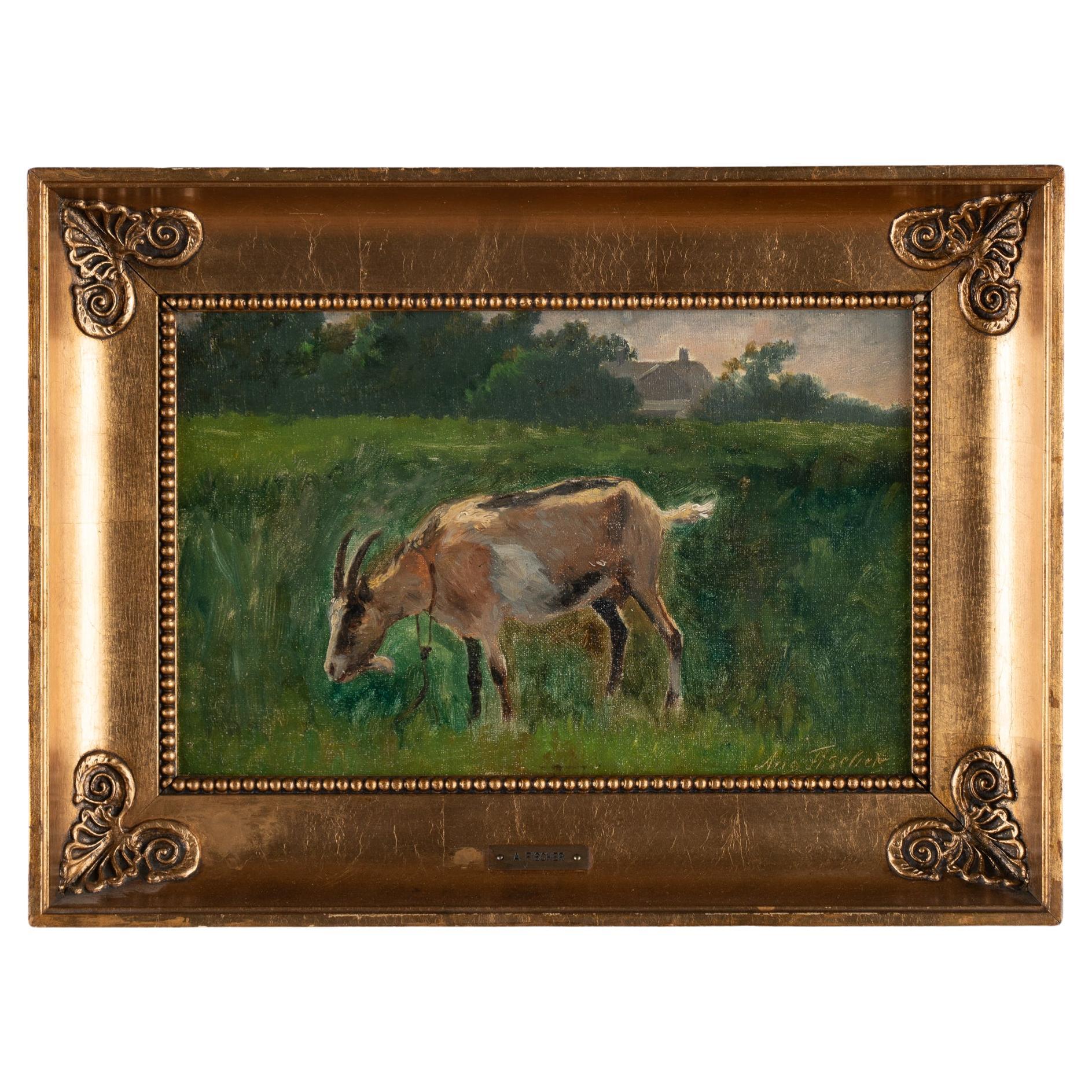 Peinture originale à l'huile sur toile représentant une chèvre Grazant, signée par August Fischer en vente