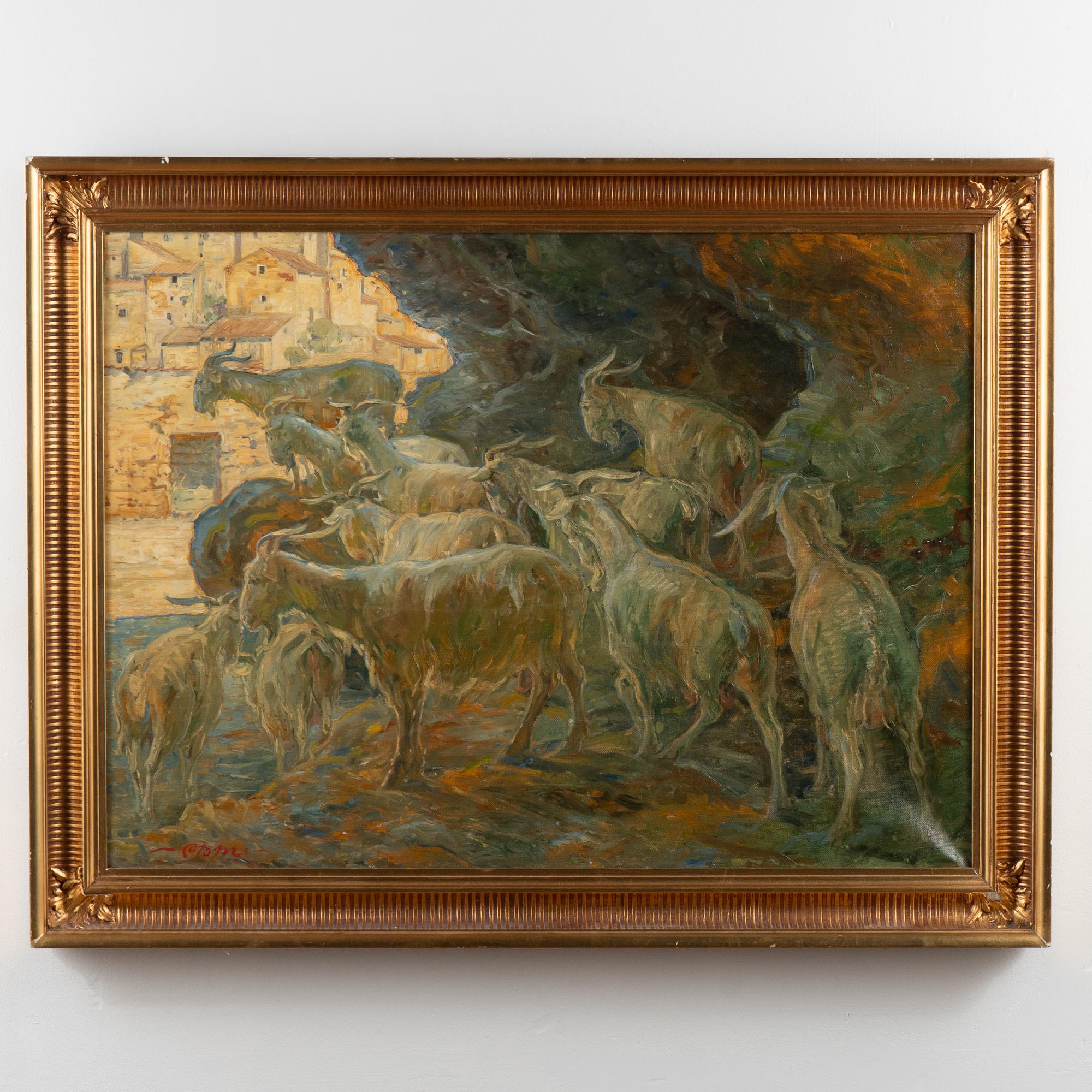 Pintura original al óleo sobre lienzo de cabras en la orilla de un río junto a un pueblo de montaña italiano. Firmado C. B. M.
Estado: Algunos despegues menores. Ligero abombamiento en las esquinas. Se beneficiará de una ligera limpieza superficial