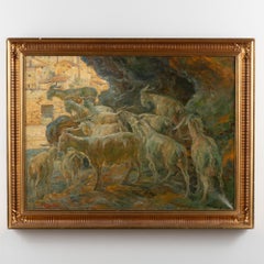 Original Oil on Canvas Painting of Goats on Riverbank, Signed Carl Budtz-Møller