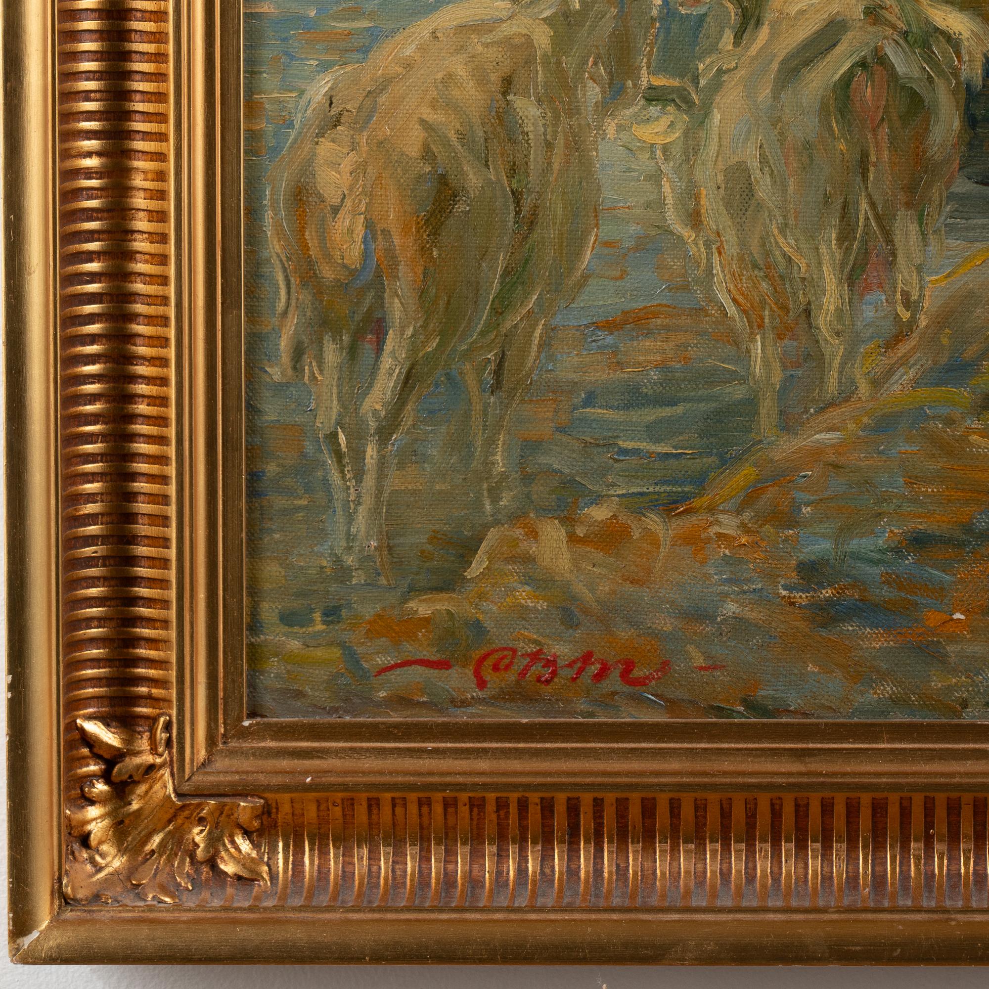 Pintura original al óleo sobre lienzo de Cabras en la orilla del río, firmada Carl Budtz-Møller Italiano en venta