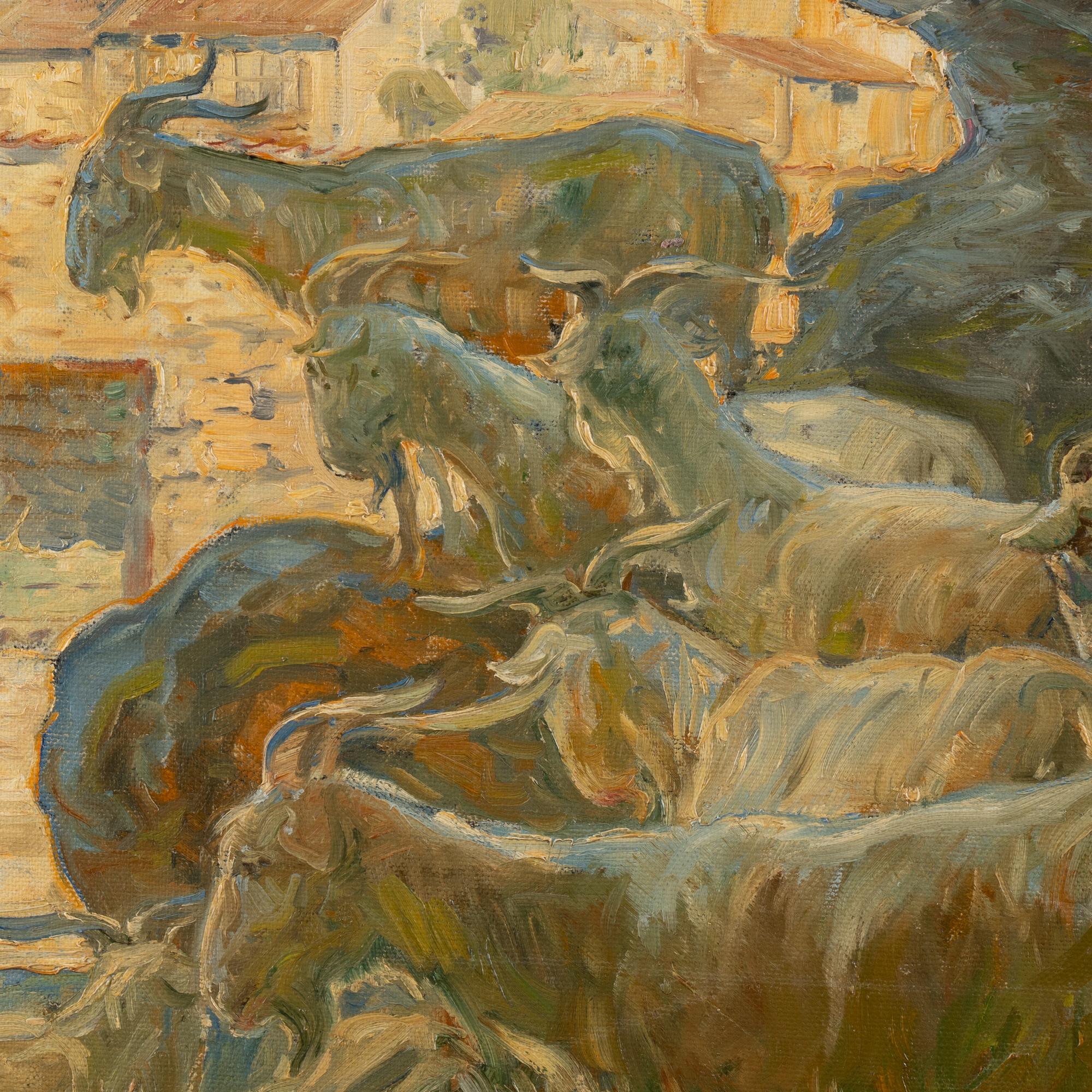 Pintura original al óleo sobre lienzo de Cabras en la orilla del río, firmada Carl Budtz-Møller siglo XX en venta