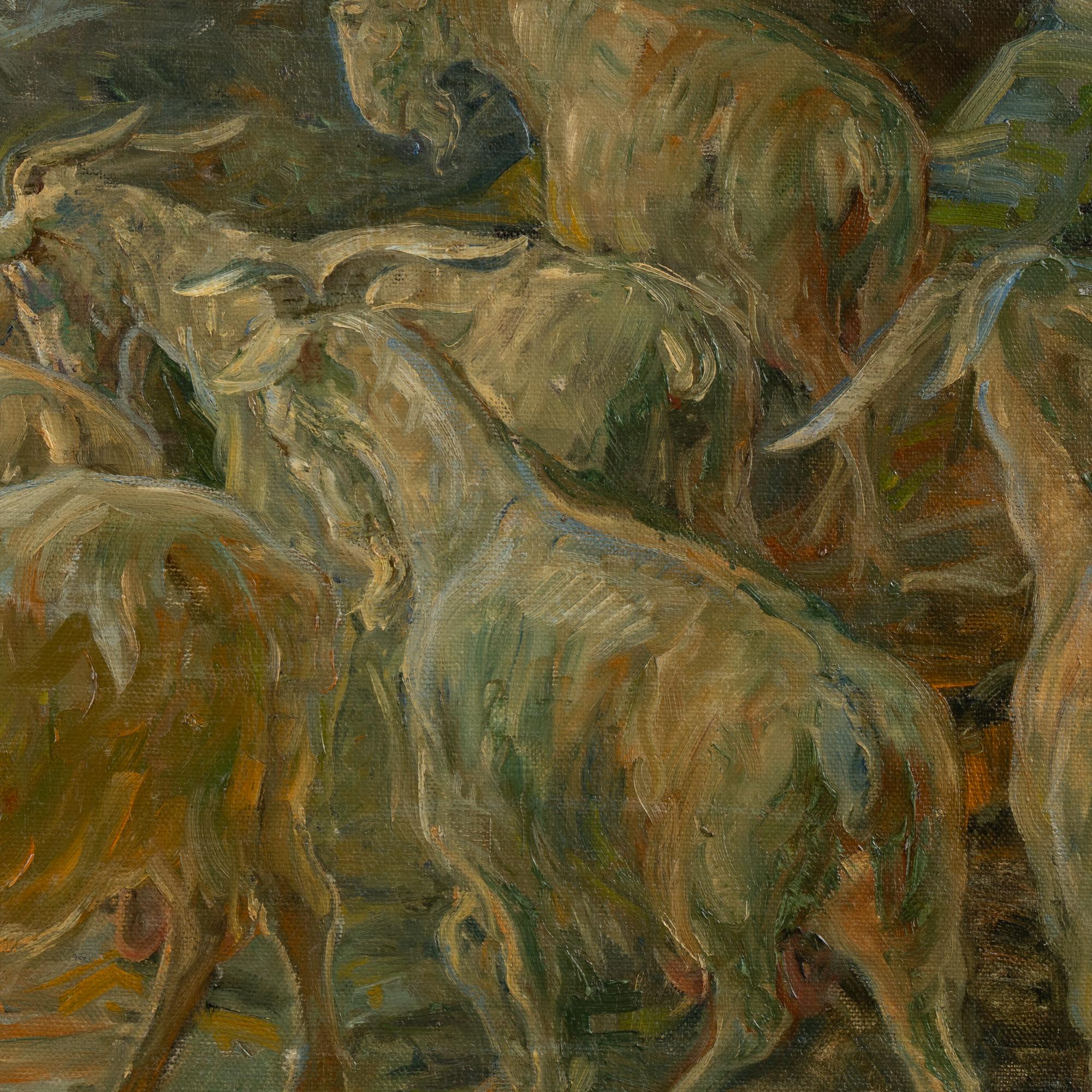 Pintura original al óleo sobre lienzo de Cabras en la orilla del río, firmada Carl Budtz-Møller Lienzo en venta