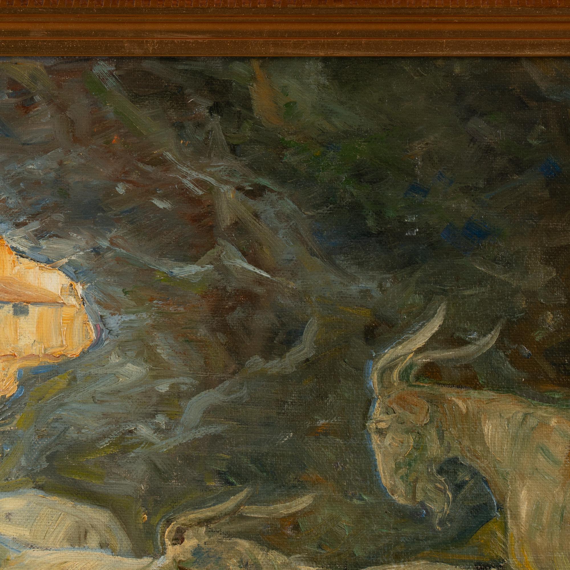 Pintura original al óleo sobre lienzo de Cabras en la orilla del río, firmada Carl Budtz-Møller en venta 1