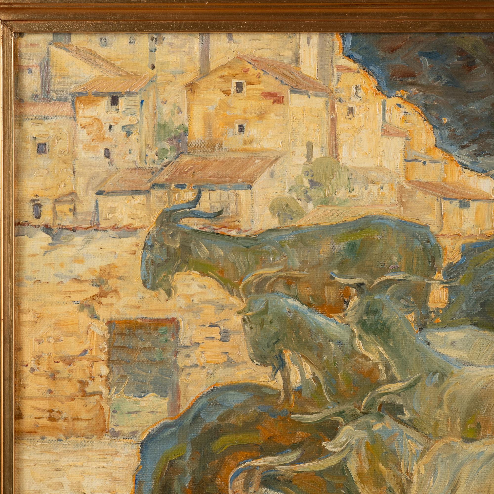 Pintura original al óleo sobre lienzo de Cabras en la orilla del río, firmada Carl Budtz-Møller en venta 2
