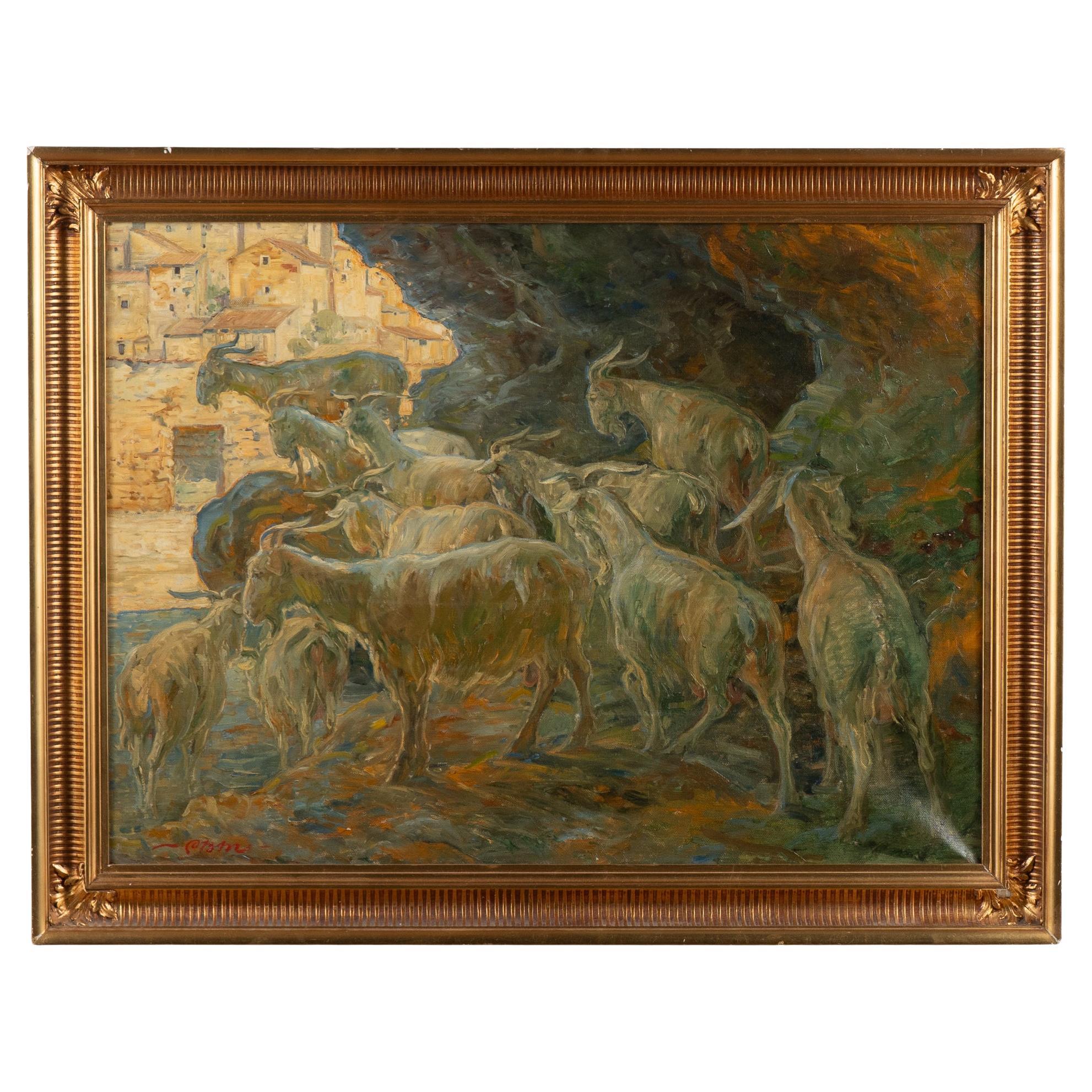 Pintura original al óleo sobre lienzo de Cabras en la orilla del río, firmada Carl Budtz-Møller