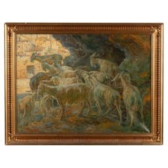 Original Oil on Canvas Painting of Goats on Riverbank, Signed Carl Budtz-Møller