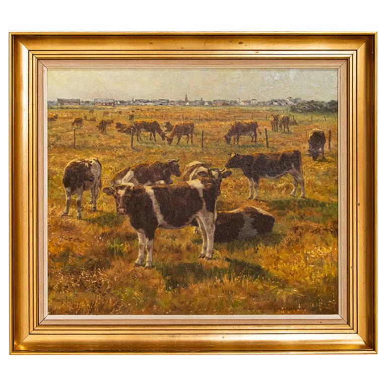 Original Oil on Canvas Painting of Herd of Cattle in Pasture, Signed W ...