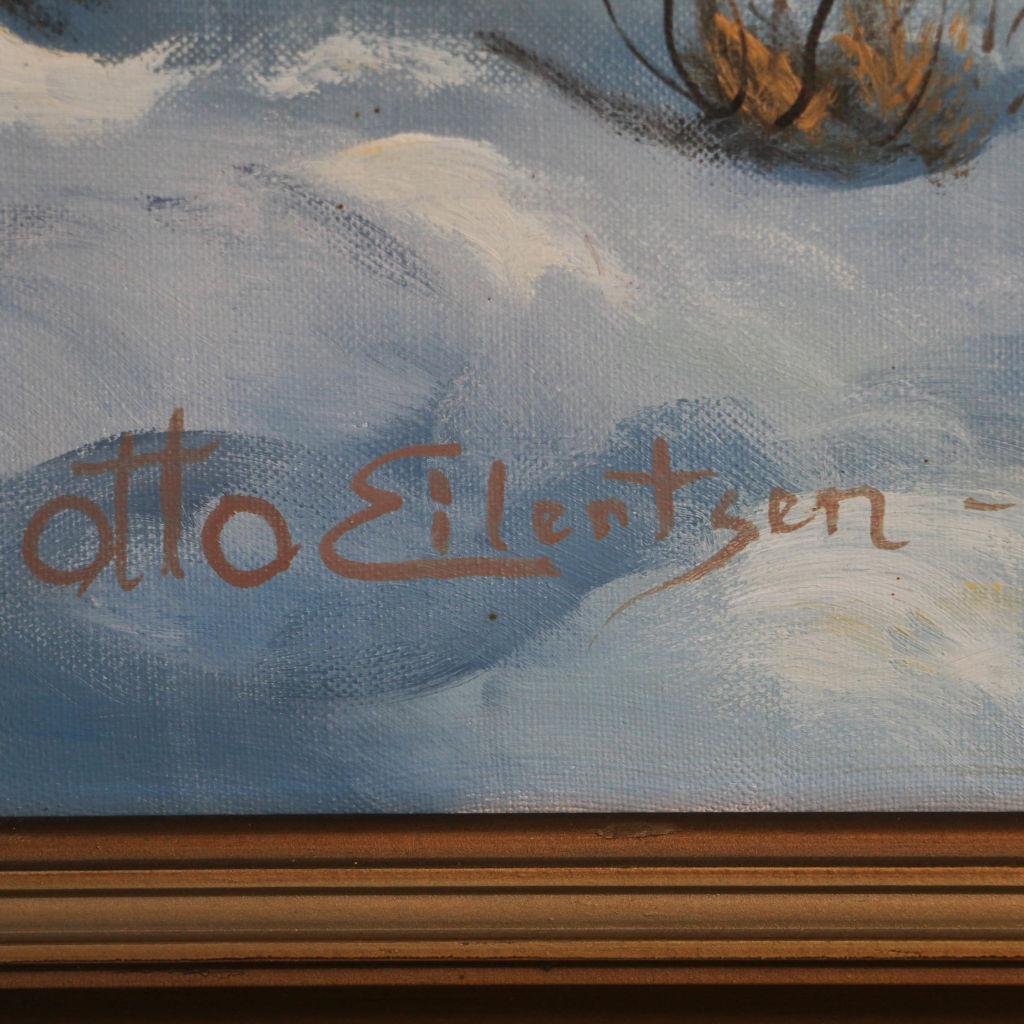 Original Oil on Canvas Painting of Home on a Wintry Road, Signed Otto Eilentsen 1