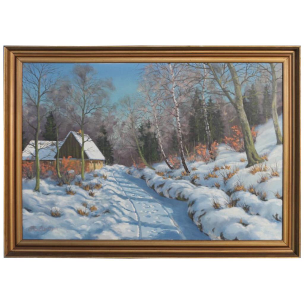 Original Oil on Canvas Painting of Home on a Wintry Road, Signed Otto Eilentsen