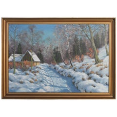 Antique Original Oil on Canvas Painting of Home on a Wintry Road, Signed Otto Eilentsen