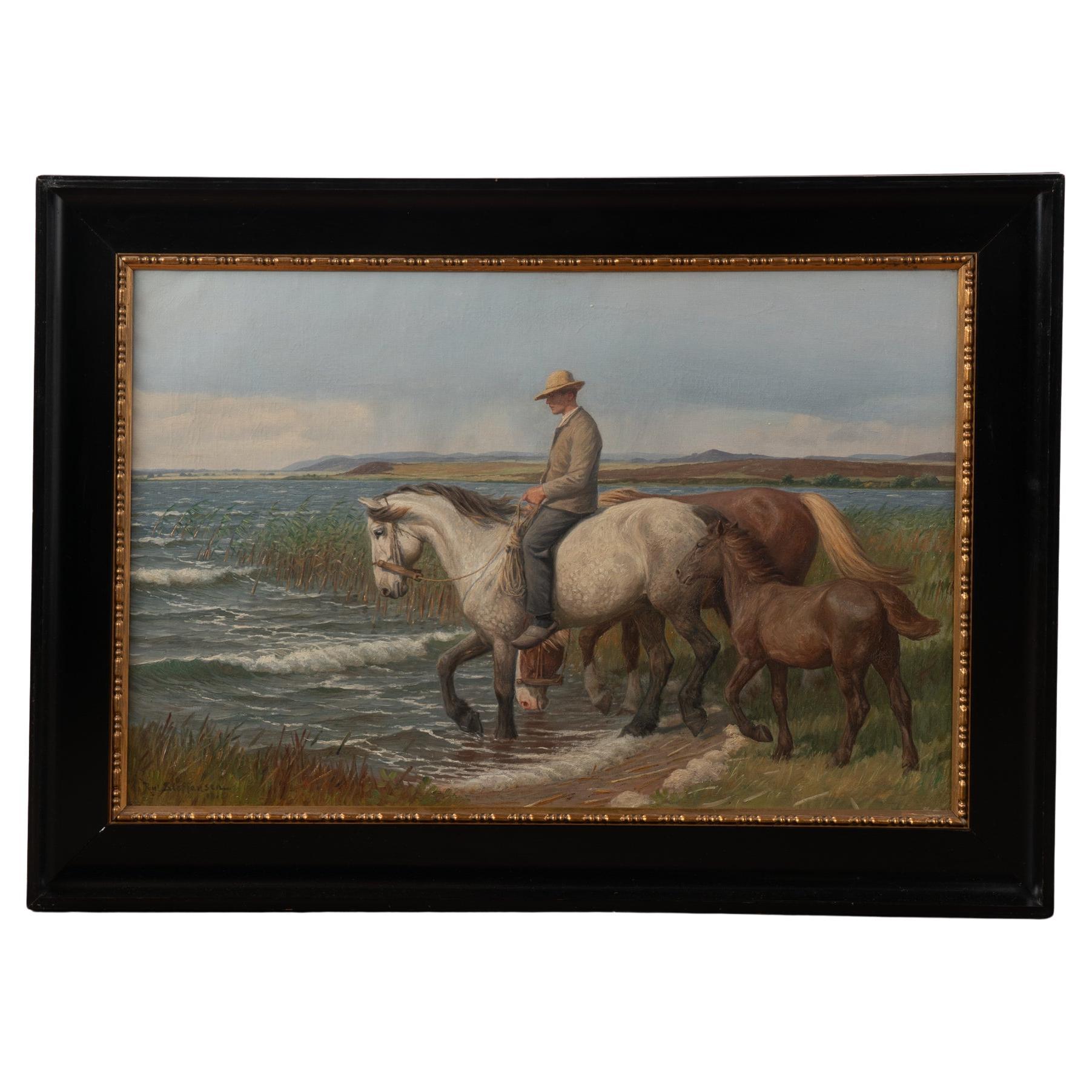 Original Oil on Canvas Painting of Horse and Rider, Signed Poul Steffensen, 1915 For Sale