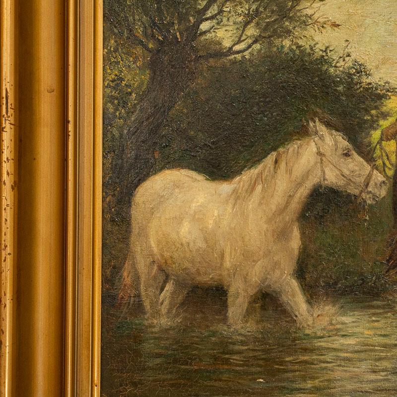 Original Oil on Canvas Painting of Horse Led through Stream Signed Otto Bache In Good Condition For Sale In Round Top, TX