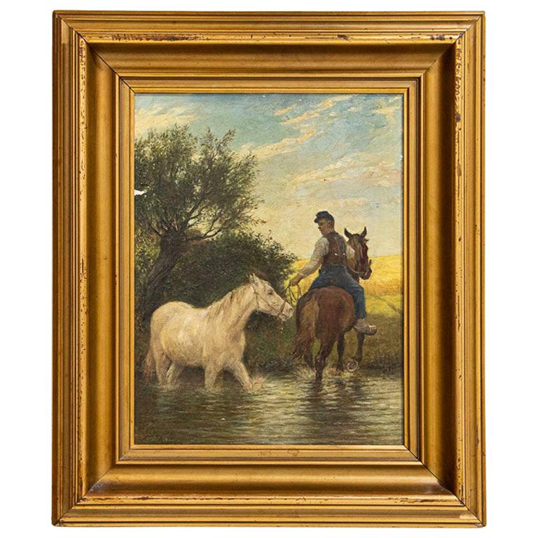 Original Oil on Canvas Painting of Horse Led through Stream Signed Otto Bache For Sale