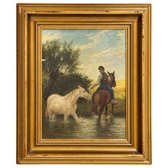 Antique Original Oil on Canvas Painting of Horse Led through Stream Signed Otto Bache