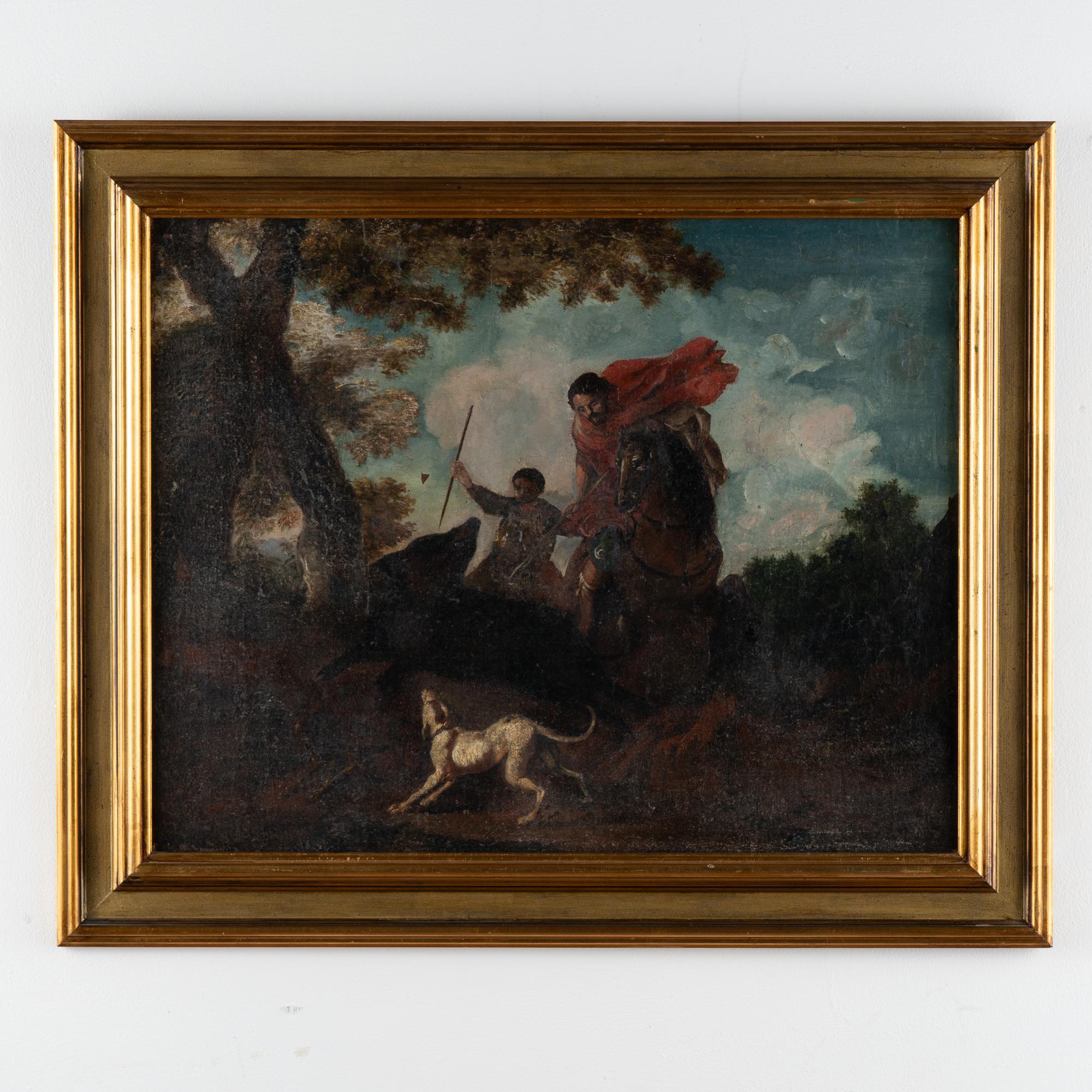 Original oil on canvas painting of hunter on horseback.
Condition: duplicate canvas, refurbished, stains, retouches, some paint loss (see close up photos). Age related craquelure throughout.  Painting will benefit from surface cleaning which we