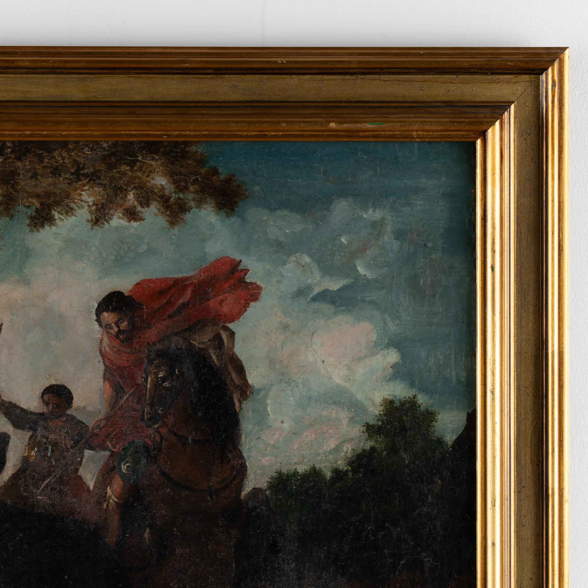 Original Oil on Canvas Painting of Hunter on Horseback, Italy circa 1760-80 In Fair Condition For Sale In Round Top, TX