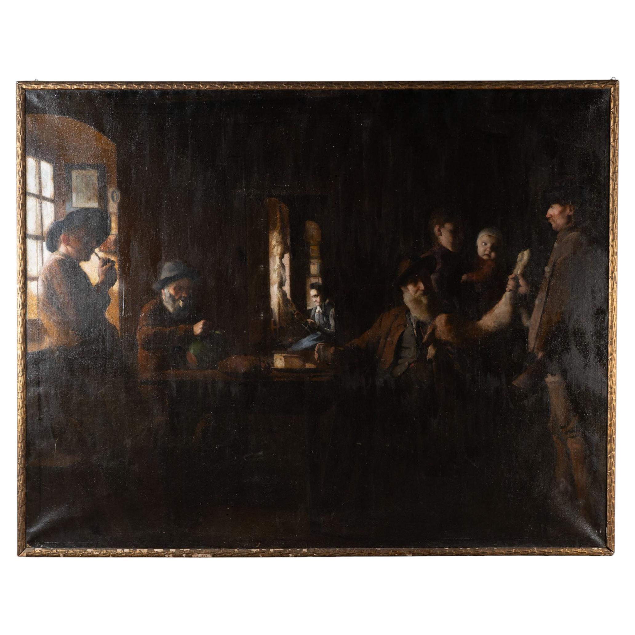 Original Öl auf Leinwand Gemälde von Interieur-Szene mit Jäger Dänemark um 1900 im Angebot