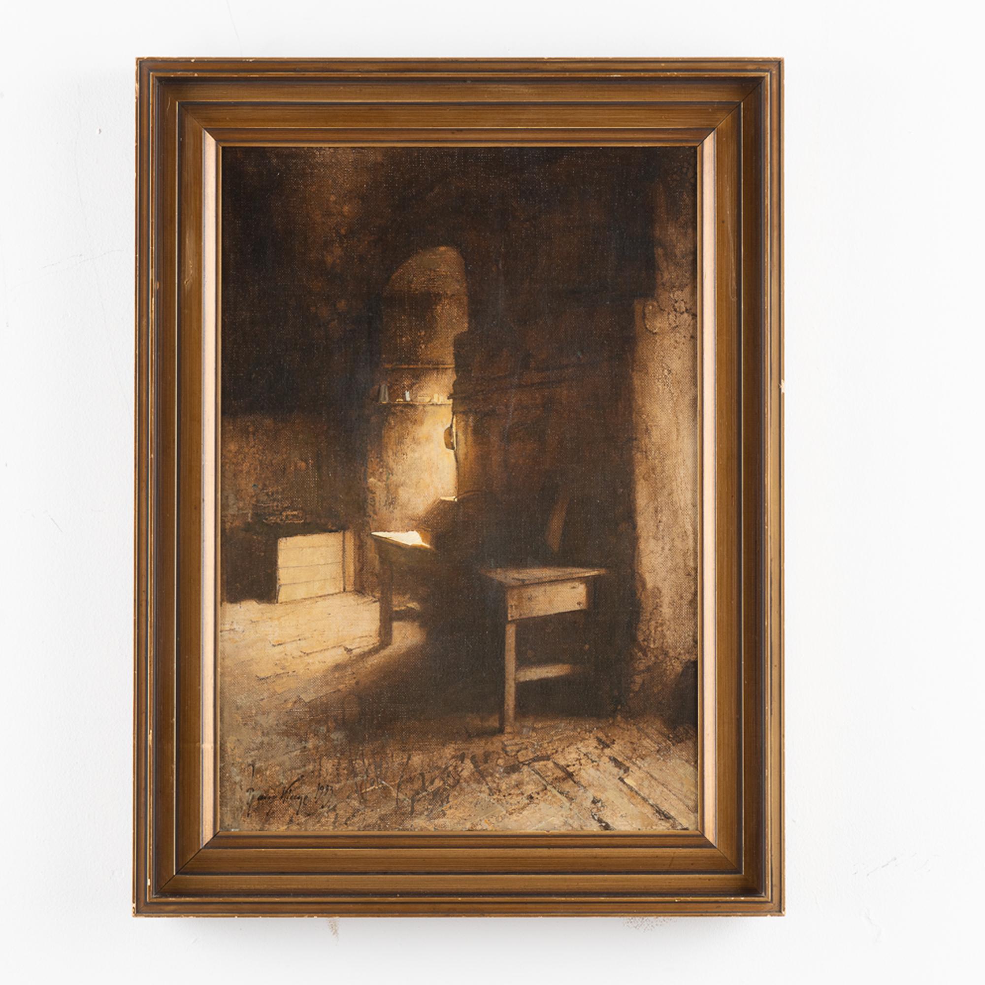 Original oil on canvas painting of an interior from a kitchen, with moody feel due to creative use of light and shadow by Harry Kluge.
Signed and dated Harry Kluge 1933.
Condition:A few retouches. Canvias will benefit from a light surface cleaning