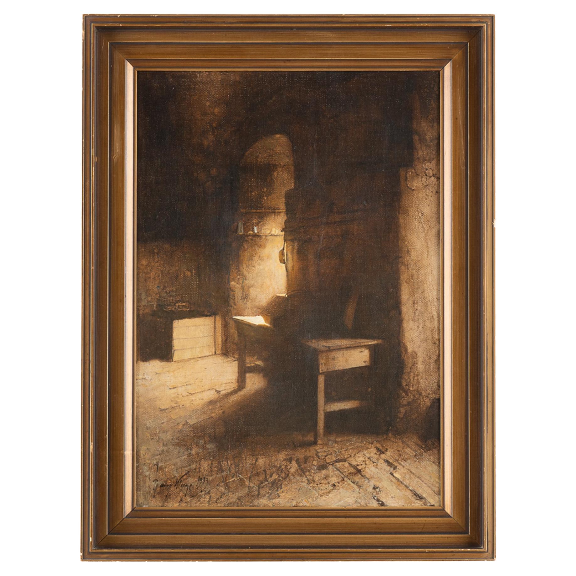 Original Oil on Canvas Painting of Interior, Signed and Dated Harry Kluge 1933  For Sale