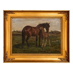 Original Oil on Canvas Painting of Mare & Foal, Signed V.J.