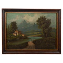 Peinture originale à l'huile sur toile représentant une scène de rivière de montagne, Hongrie, circa 1880