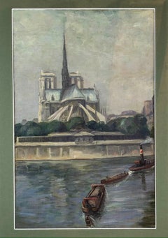 Parisian Oil on Canvas Painting of Notre Dame Cathedral and the Seine