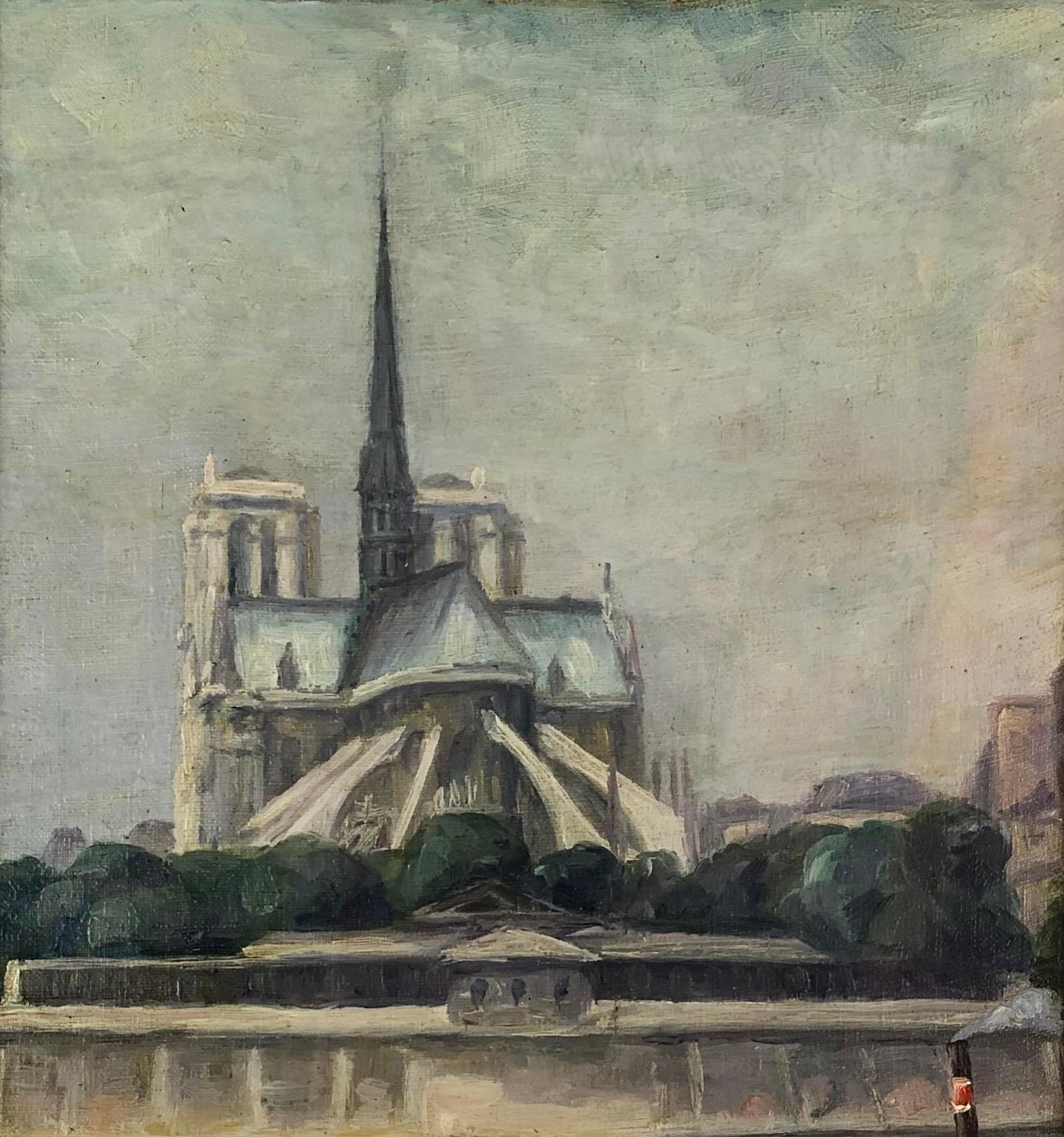 French Original Oil on Canvas Painting of Notre Dame Cathedral and the Seine Paris For Sale