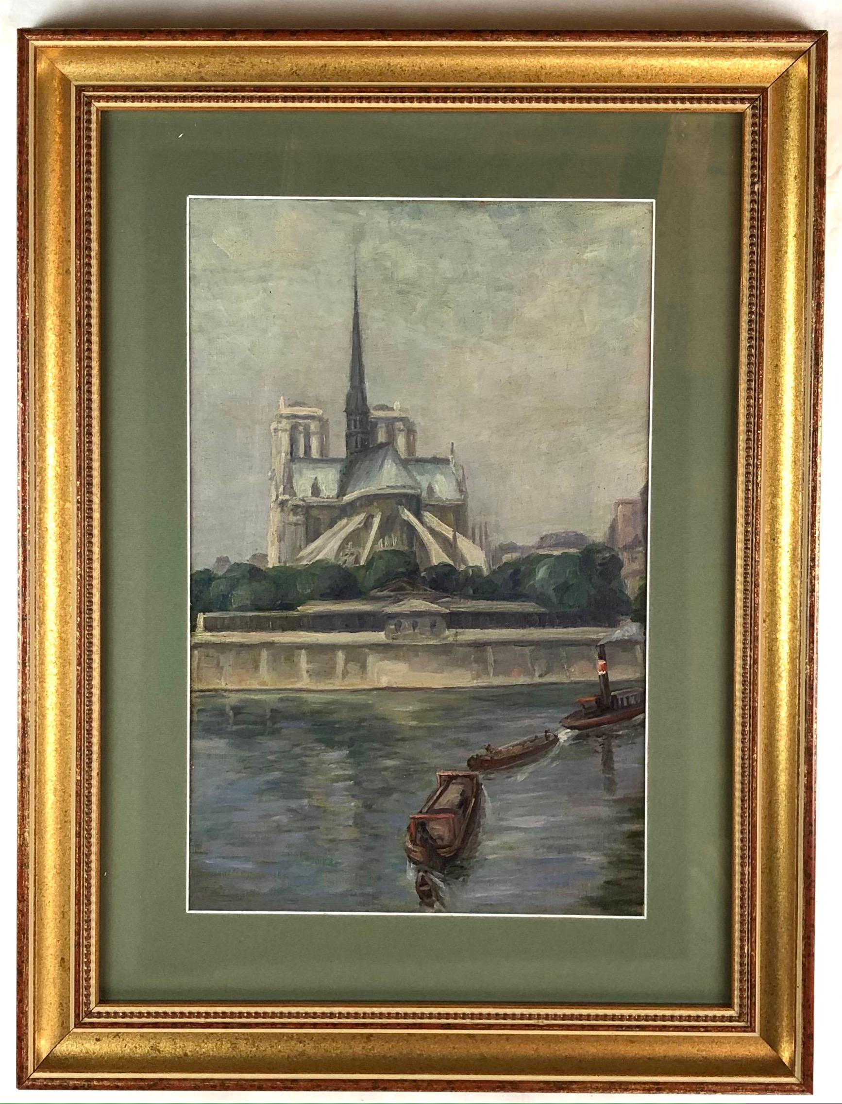 XX secolo Olio su tela raffigurante la Cattedrale di Notre Dame e la Senna a Parigi, Francia in vendita
