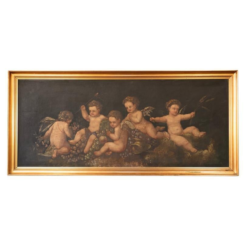 Original Oil on Canvas Painting of Putti and Grapes, Circa 1890-1920