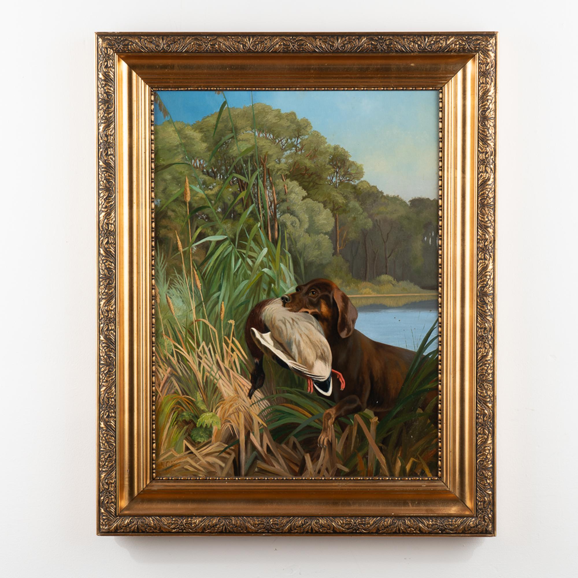 Original oil on canvas painting of hunting scene with retriever exiting water bringing a duck back to shore. 
The colors of green, blue, brown and white remain vivid on this painting dated 1899 by unknown artist, signature NGK.
Age related