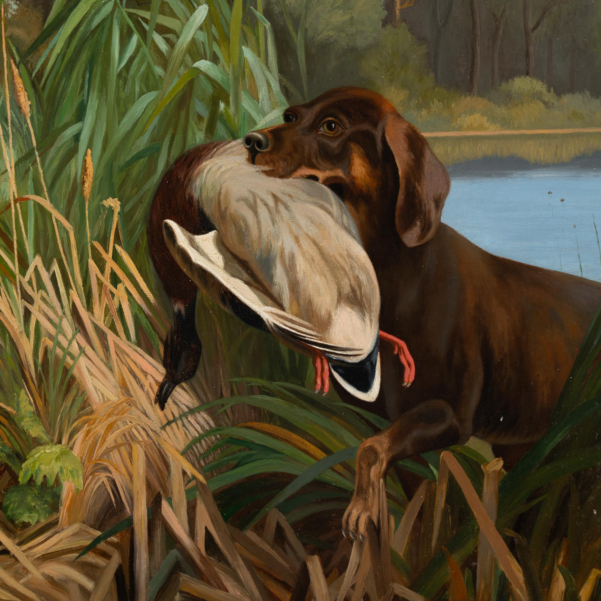 Danish Original Oil On Canvas Painting of Retriever With Duck, Denmark dated 1899 For Sale