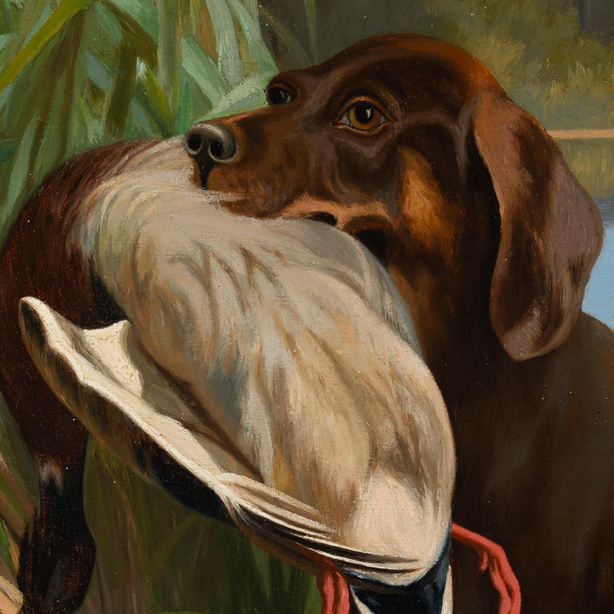 Original Oil On Canvas Painting of Retriever With Duck, Denmark dated 1899 In Good Condition For Sale In Round Top, TX