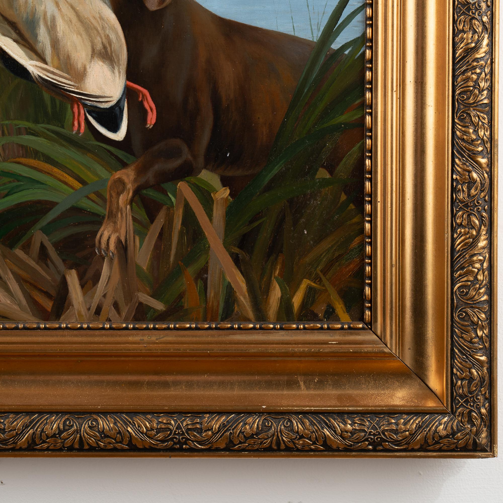 Toile Peinture originale à l'huile sur toile d'un retriever avec un canard, Danemark, datée de 1899 en vente