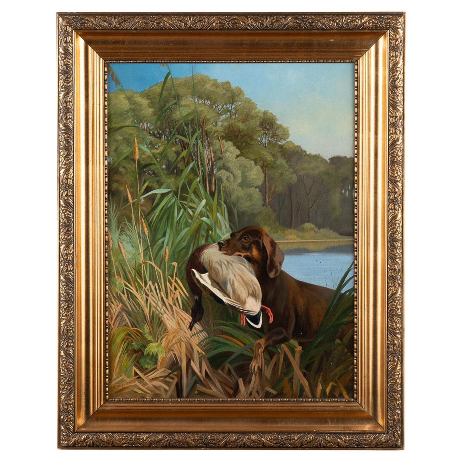 Original Oil On Canvas Painting of Retriever With Duck, Denmark dated 1899 For Sale