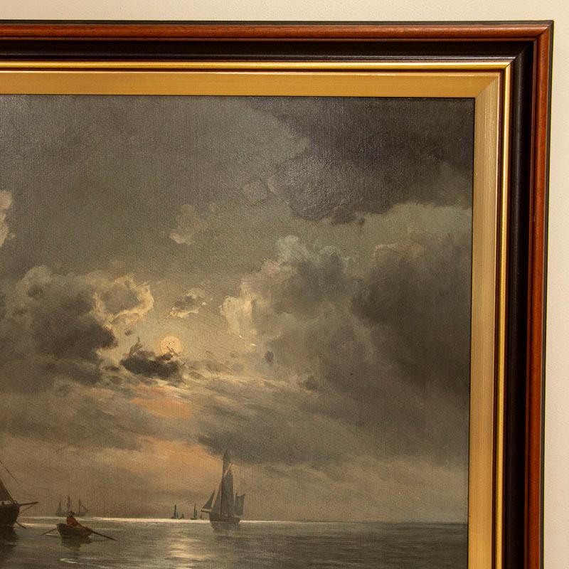 Original Oil on Canvas Painting of Sail Boats Under Moon, Signed Vilhelm Bille 5