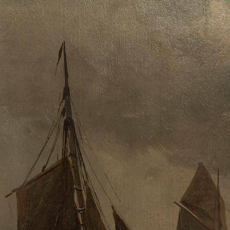 19th Century Original Oil on Canvas Painting of Sail Boats Under Moon, Signed Vilhelm Bille