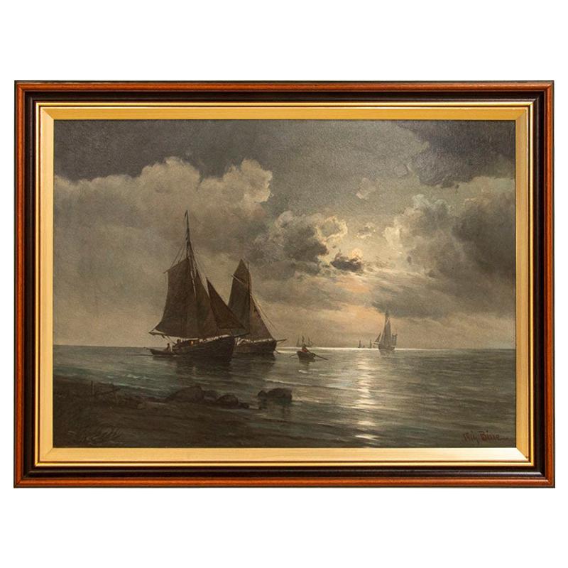 Original Oil on Canvas Painting of Sail Boats Under Moon, Signed Vilhelm Bille