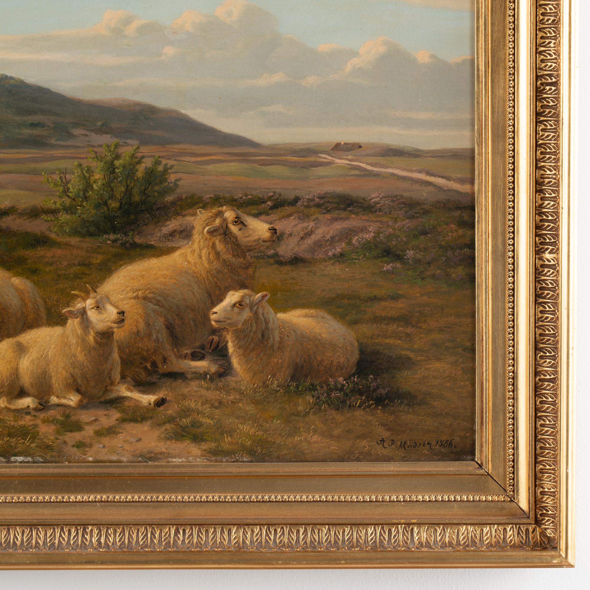 Peinture originale à l'huile sur toile de moutons, signée et datée A.P Madsen 1886 en vente 3