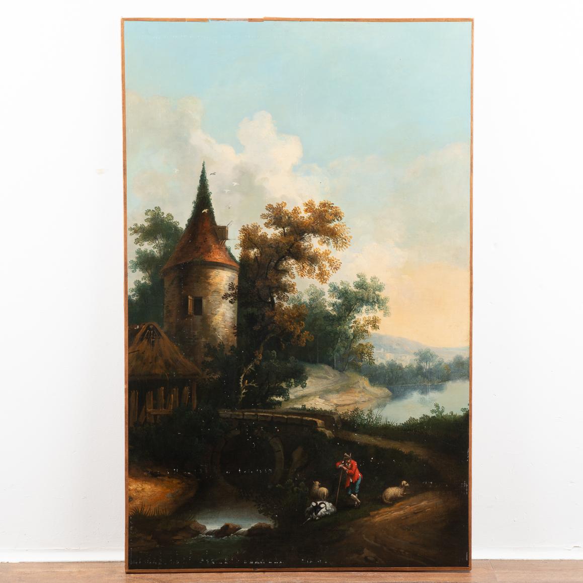 Original oil on canvas painting of an evening scene of a shepherd at a river. Note the beautiful skyline and birds encircling the turret.
Flemish school, 18th century. Unsigned. 4.25' tall, unframed. At some point, brown tape was added along the