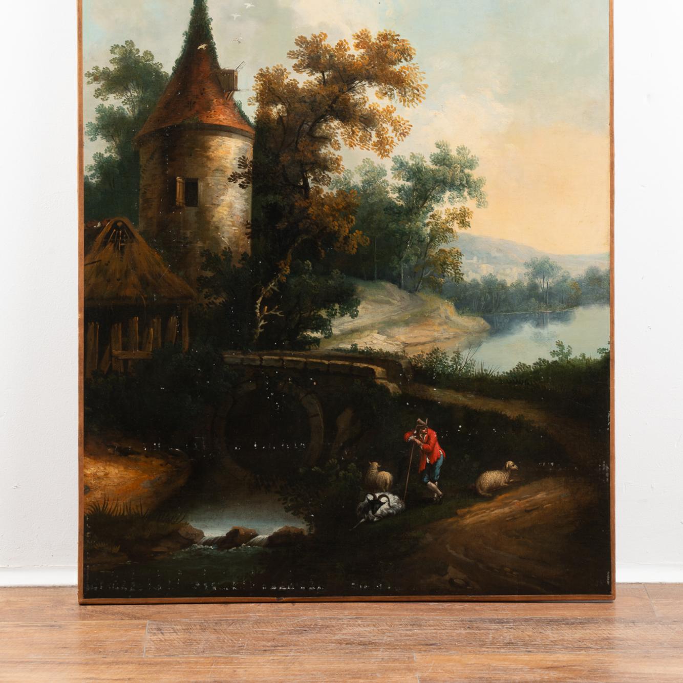 German Original Oil on Canvas Painting of Shepherd at River in Evening, circa 1790-1810