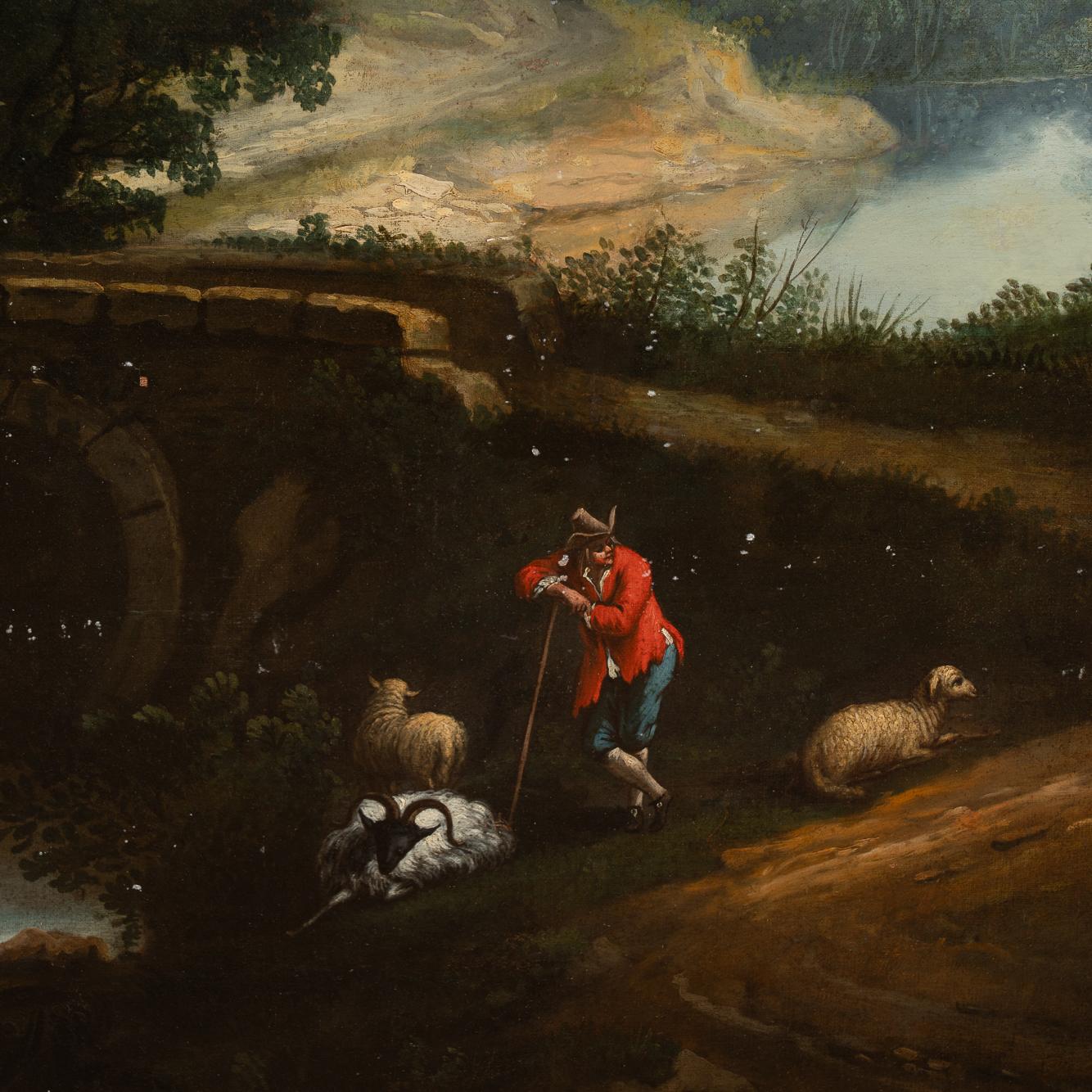Original Oil on Canvas Painting of Shepherd at River in Evening, circa 1790-1810 1