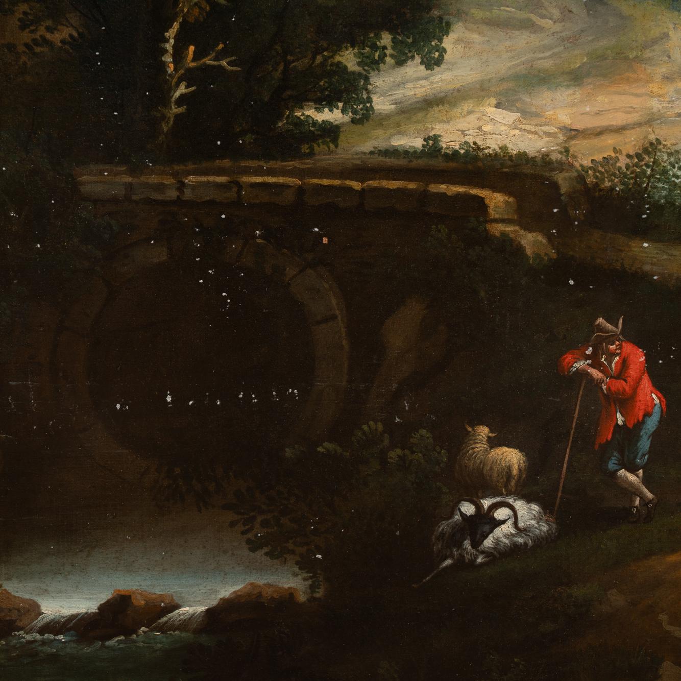 Original Oil on Canvas Painting of Shepherd at River in Evening, circa 1790-1810 3