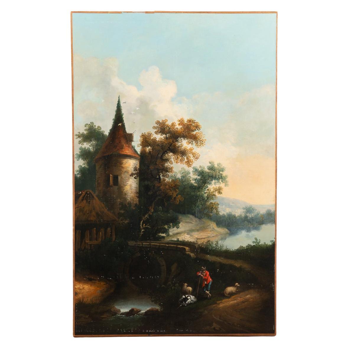 Original Oil on Canvas Painting of Shepherd at River in Evening, circa 1790-1810