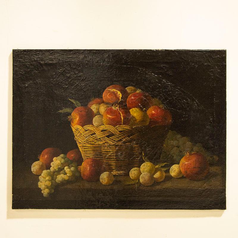 A lovely still life with pomegranates, plums and grapes signed by Joaquin Millán Rodríguez (born 1964). Unframed oil on canvas (unlined) with crackles, retouches and repair. Will benefit from cleaning which we leave to the discretion of the buyer.