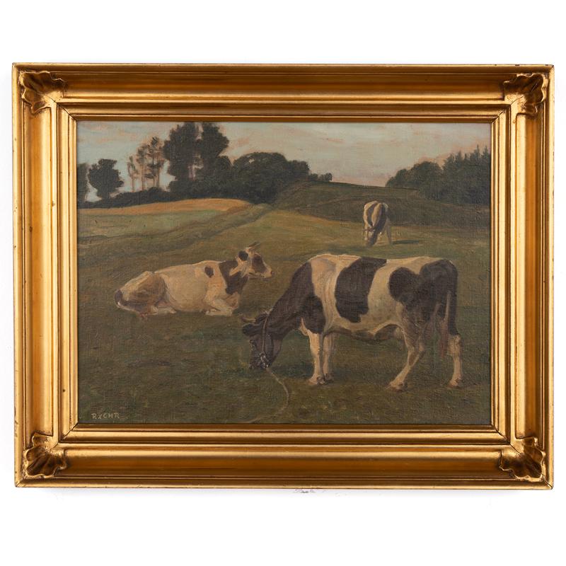 Original small oil on canvas painting of bucolic landscape with three cows, signed by Rasmus X Christiansen (1863-1940) in lower left corner. Condition is commensurate with age, canvas in good condition with some minor craquelure; canvas may benefit