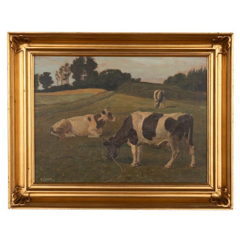 Peinture originale à l'huile sur toile représentant trois vaches au pastel, signée par Rasmus Christ